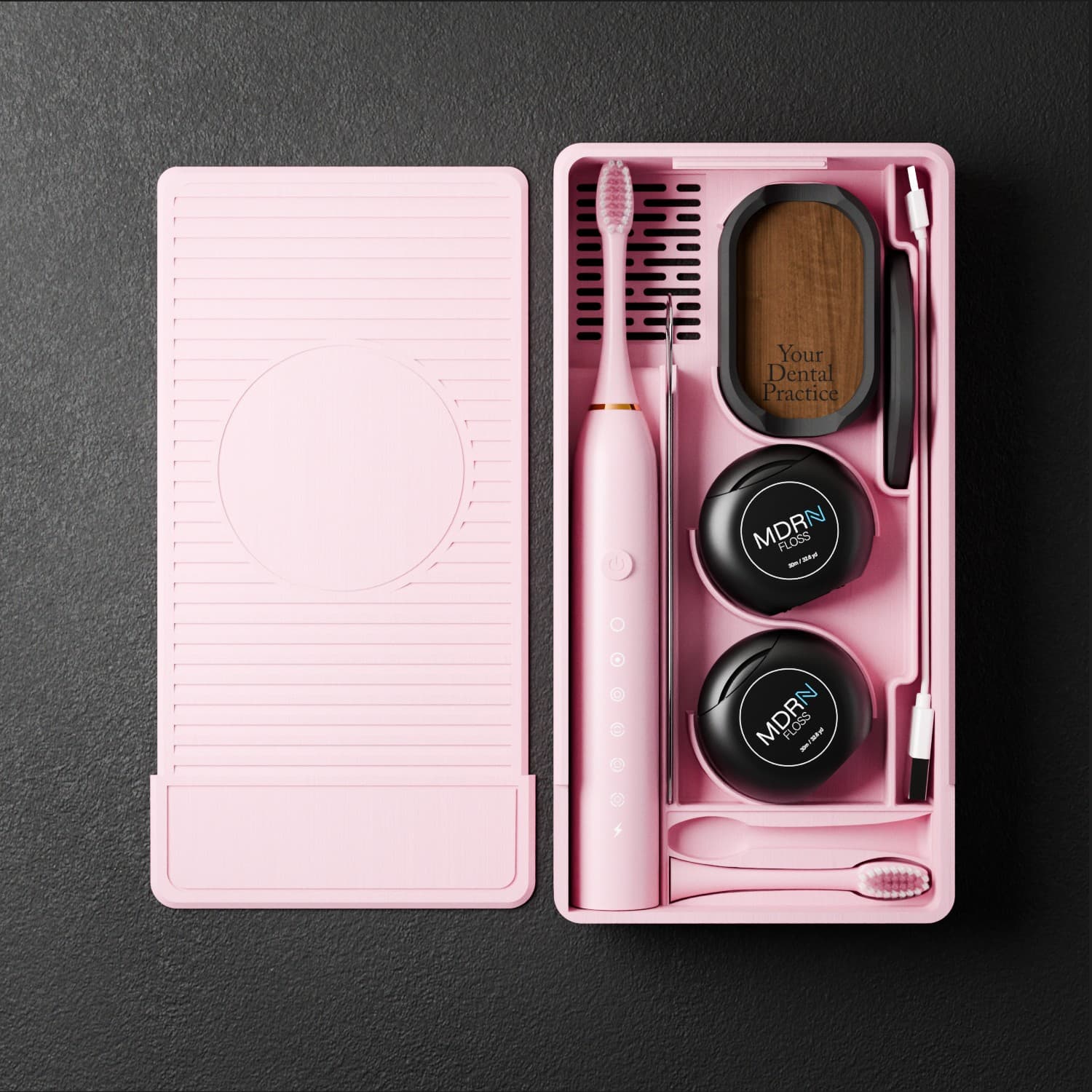 Pink adult dental box with branded practice insert