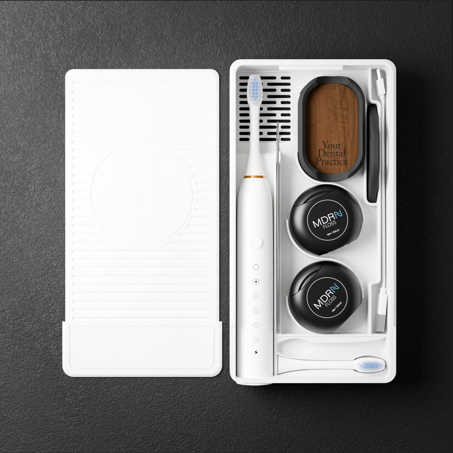 White adult dental box with branded practice insert