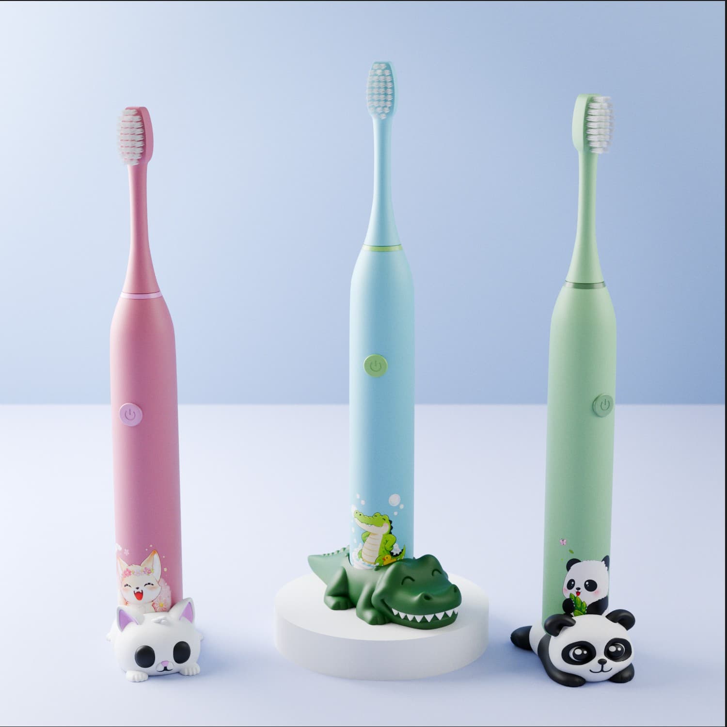 Kids toothbrush colorways with animal character bases