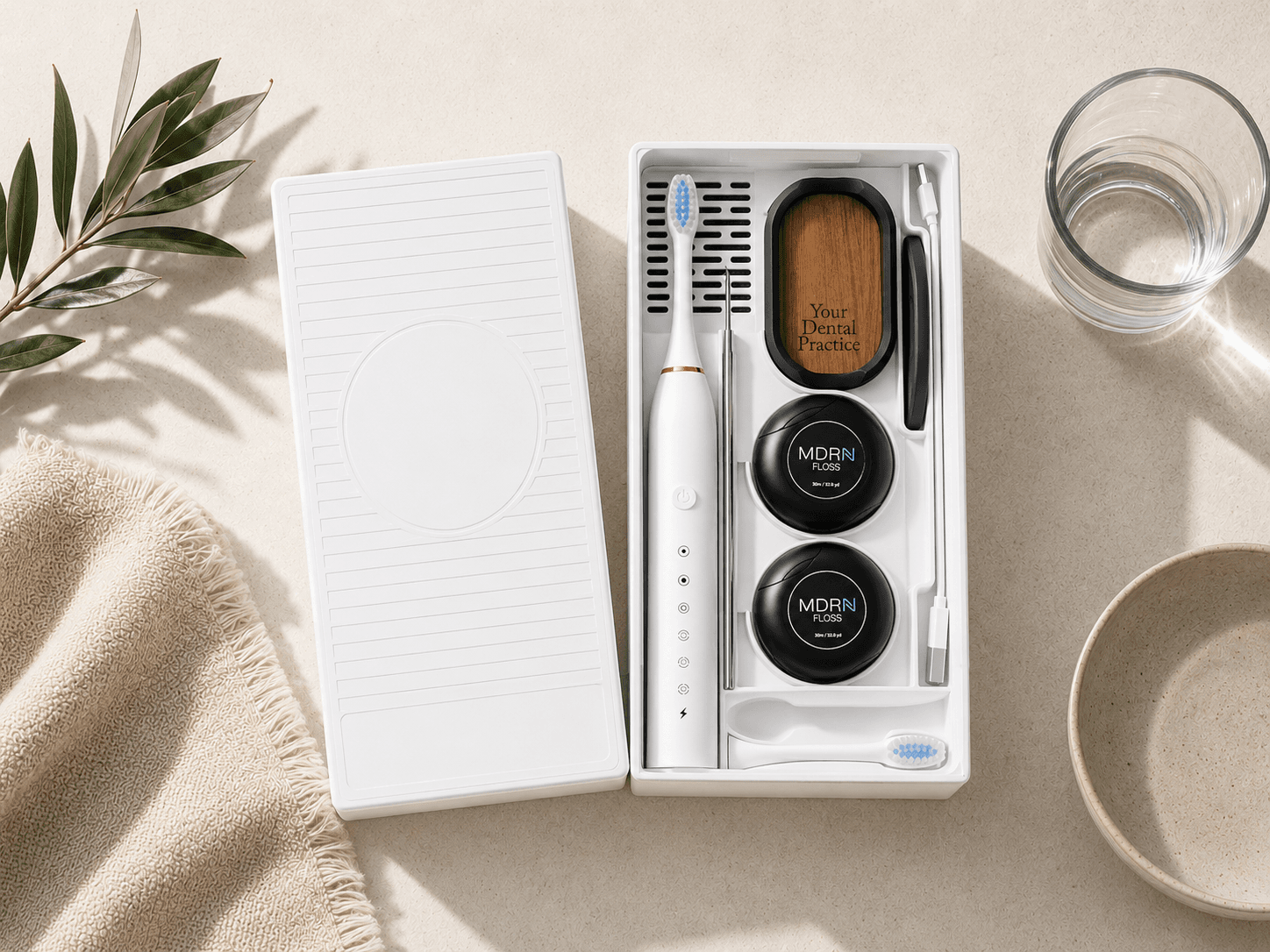 Modern Dental Box launch flat lay with branded kit products