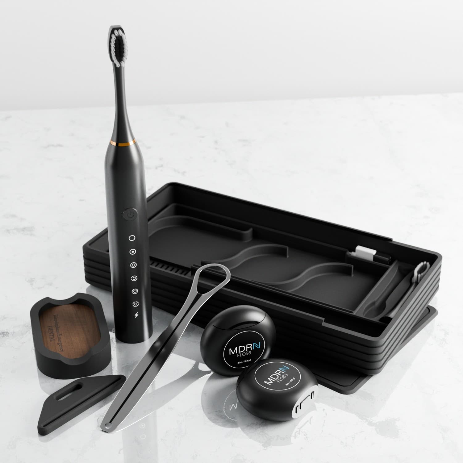 Exploded dental kit layout with toothbrush, floss, and accessories