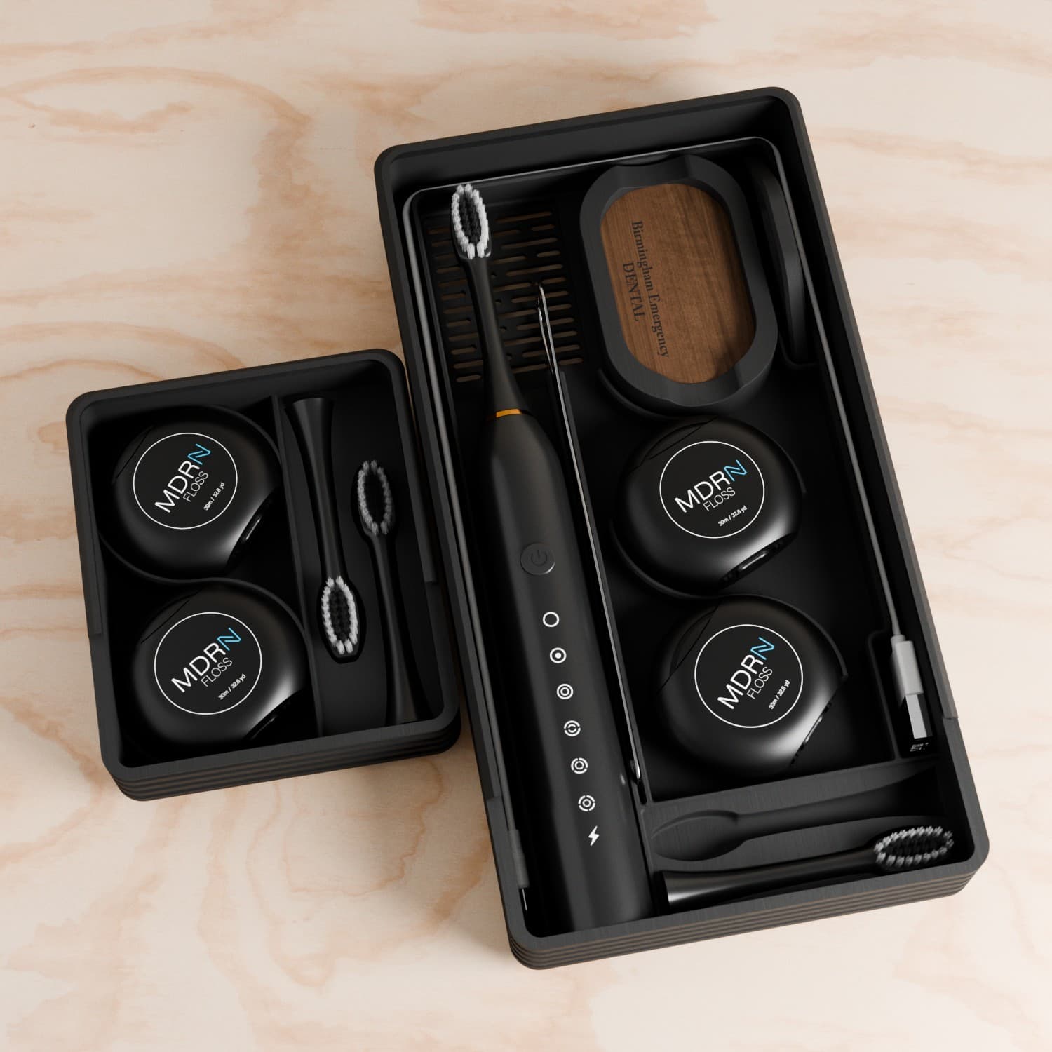 Open Modern Dental Box showing the toothbrush system, floss, and branded holder