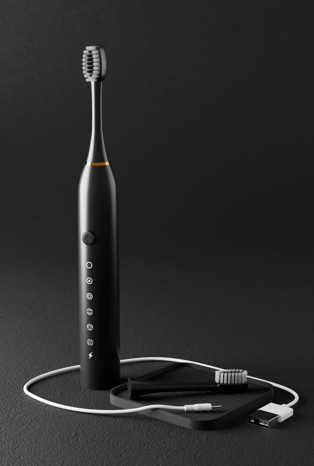 Black electric toothbrush with charging cable, tray, and replacement head